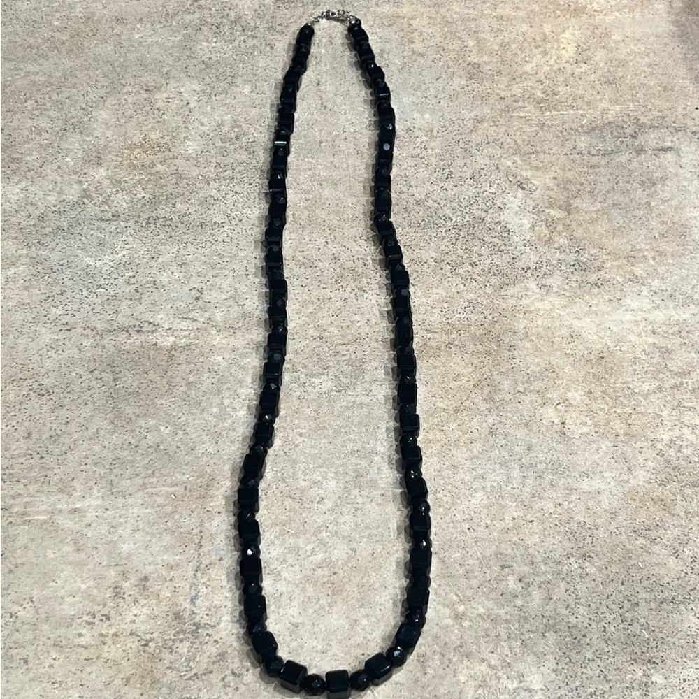 Black block and round bead necklace